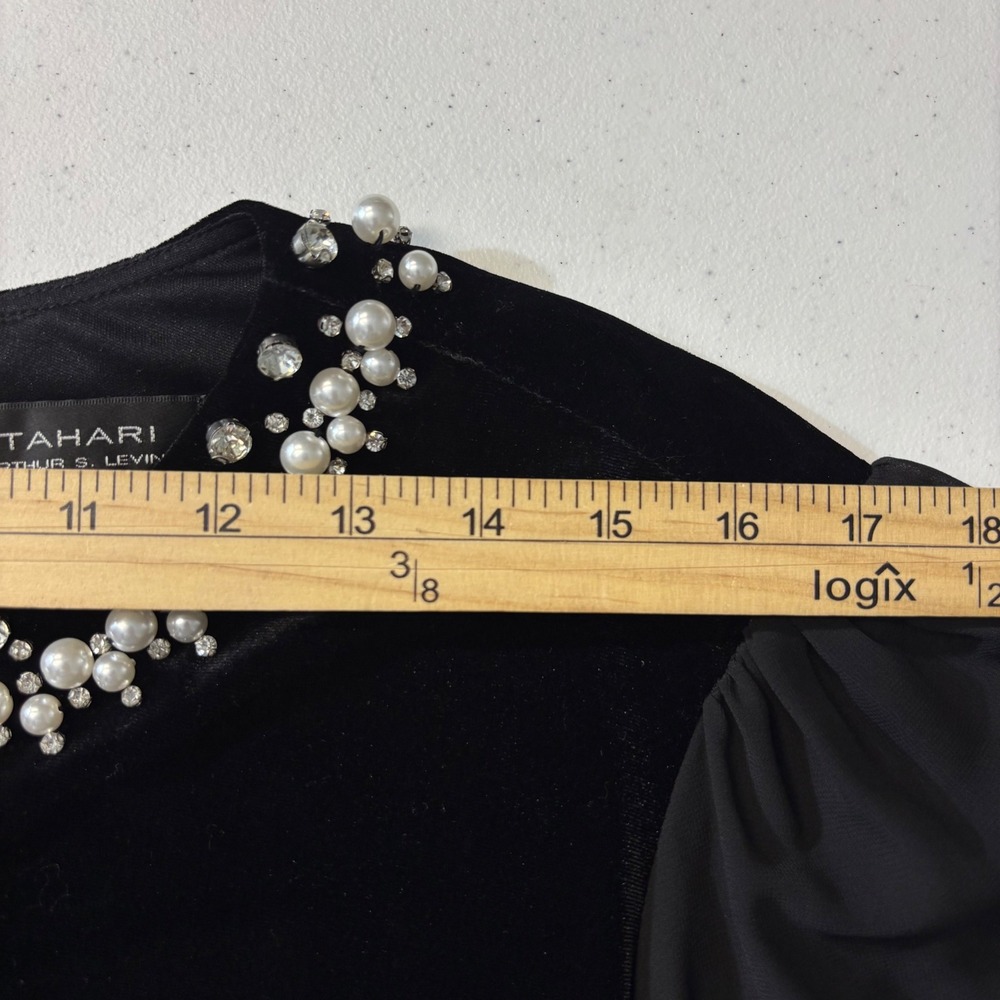 Tahari ASL Womens 16W Velvet Pearl Embellished Sheer Sleeve Black Cocktail Dress - Picture 5 of 12